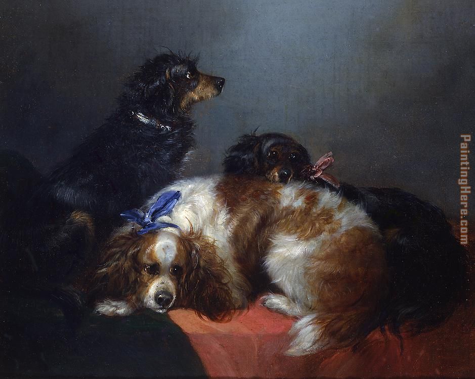 Two King Charles Spaniels and a Terrier painting - George Armfield Two King Charles Spaniels and a Terrier art painting